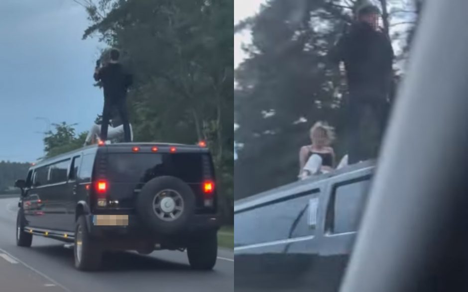Tragikomedija: ant važiuojančio limuzino stogo stovinčiam vyrui pozavo moteris